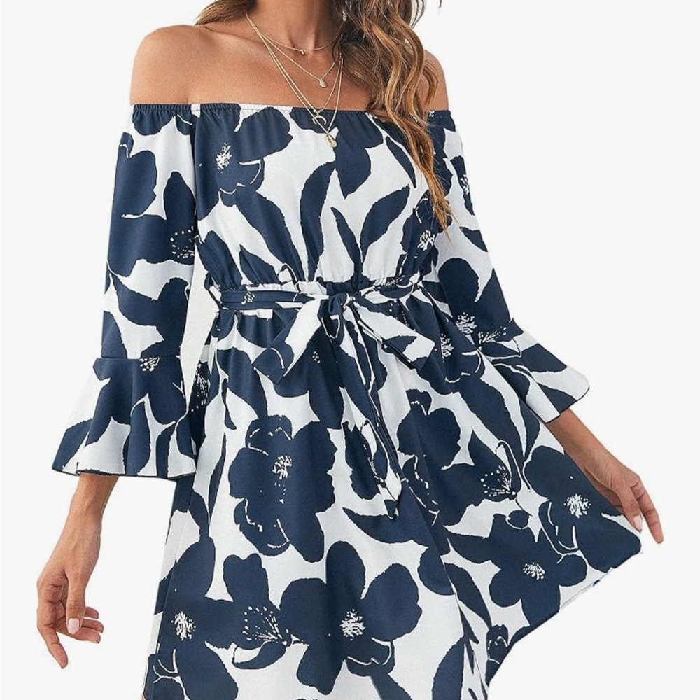Off-Shoulder Navy Floral Dress